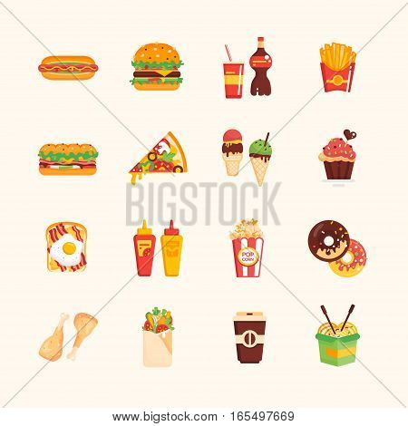 Fast Food Cafe Menu - set of modern vector icons. Hot dog, hamburger, french fries, sandwich, pizza, ice cream, muffin, bakon, ketchup, mustard, pop corn, donut, chicken roll-up sandwich coffee wok