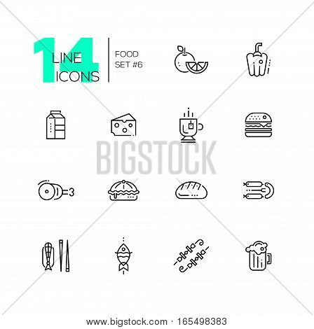 Kinds of Food - set of modern vector line icons. Orange, pepper, milk, cheese, tea, hamburger, meat, pie bread sausages fish kebab beer
