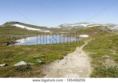 Lapland landscape: hiking path in Malla Strict Nature Reserve in Kilpisjarvi Lapland Finland Europe