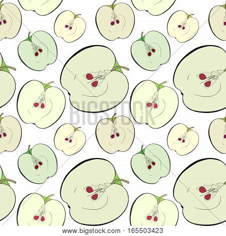 Greeen Apple Core And Half. Seamless Pattern Background.
