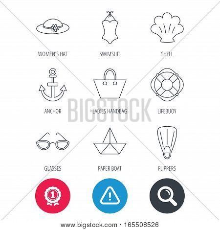 Achievement and search magnifier signs. Paper boat, shell and swimsuit icons. Lifebuoy, glases and women hat linear signs. Anchor, ladies handbag icons. Hazard attention icon. Vector