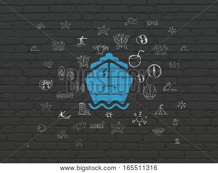 Tourism concept: Painted blue Ship icon on Black Brick wall background with  Hand Drawn Vacation Icons
