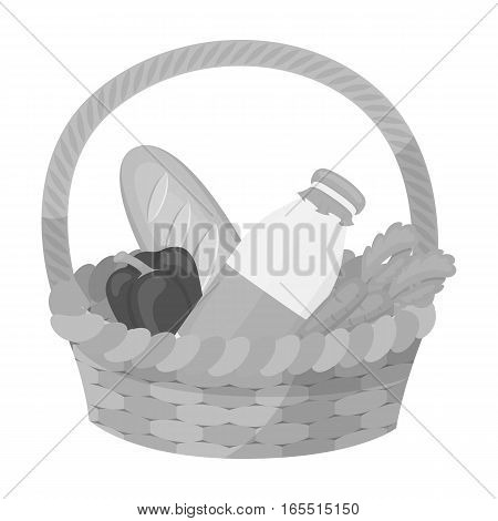 Basket with products icon in monochrome design isolated on white background. Charity and donation symbol stock vector illustration.