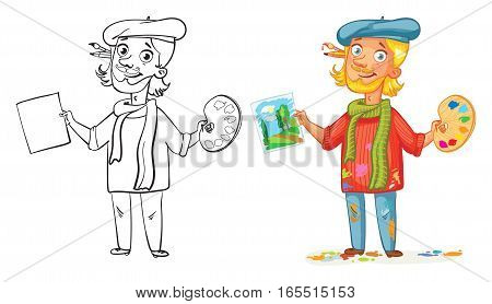 Artist with a palette and paint a picture. Funny cartoon character. Vector illustration. Isolated on white background. Coloring book. Color and black and white image