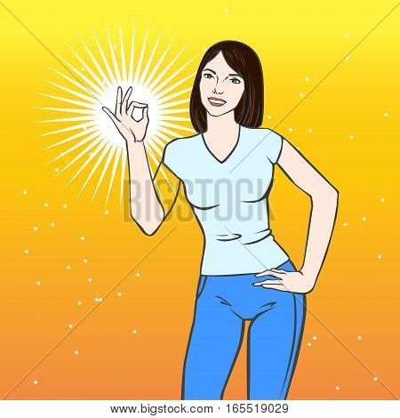 Vector illustration with beautiful asian woman showing ok sign in pop art style