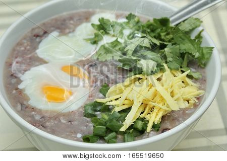 Red Brown Rice , Porridge With Mined Pork And Chicken Lever .