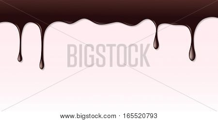 Dark chocolate syrup leaking on pink cake background. Border of hot chocolat texture