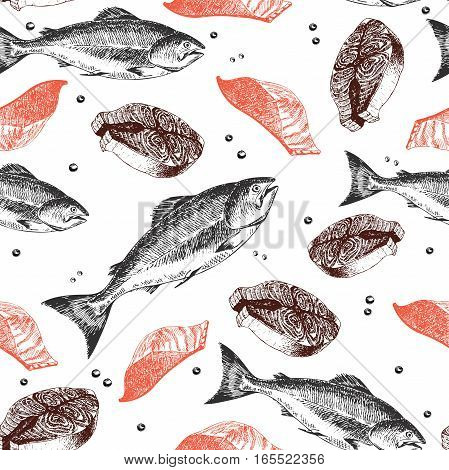 Vector seamless pattern of seafood. Salmon fish fillet and slice. Hand drawn engraved icons. Delicious food menu objects. Use for resaurant promotion market store banner