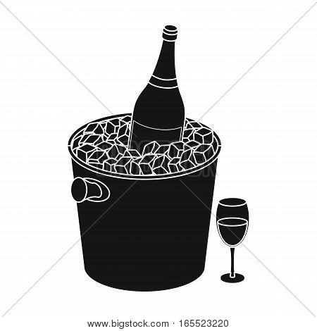 Champagne bottle in an ice bucket icon in black desgn isolated on white background. France country symbol stock vector illustration.