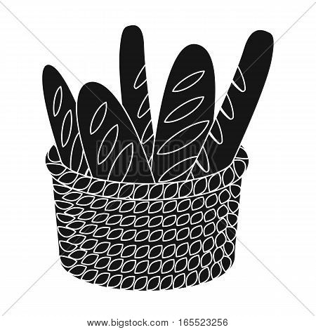 Basket of baguette icon in black design isolated on white background. France country symbol stock vector illustration.