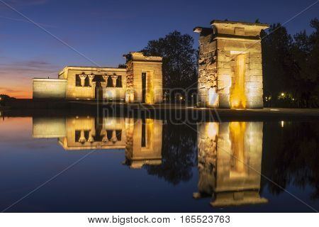 Temple of Debod illuminated at night in Madrid Spain