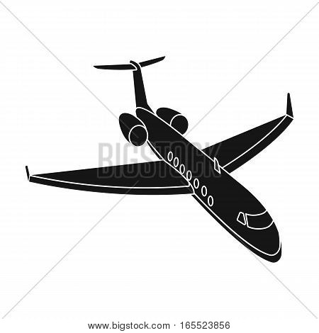Airplane icon in black design isolated on white background. Rest and travel symbol stock vector illustration.
