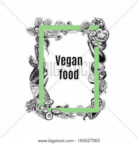 Vector rectangular frame of vegetables. Black and white sketch. Vegan food. Design for background. Carrot pepper broccoli eggplant cucumber cabbage beets tomato cauliflower. Vector illustration.