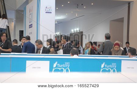 ANTALYA/TURKEY-NOVEMBER 14: G20 Antalya Summit accredited press members at International Media Center (IMC) in Kaya Palazzo Hotel, November 14, 2015 in Antalya, Turkey