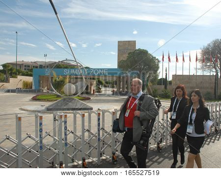 ANTALYA/TURKEY-NOVEMBER 14: G20 Antalya Summit accredited press members at Regnum Carya Hotel Summit Zone, November 14, 2015 in Antalya, Turkey