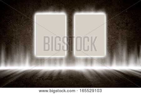 Posters in mysterious glowing interior, background template design mock up