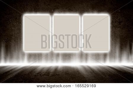 Posters in mysterious glowing interior, background, template design, mock up