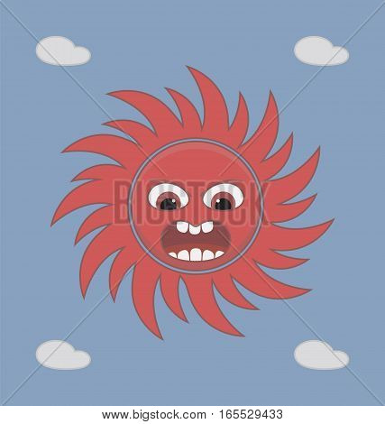 Evil red sun against the sky with clouds