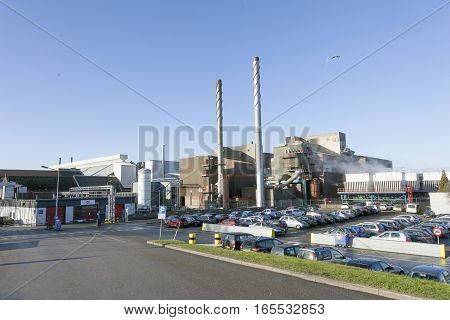Leerdam, Netherlands, 4 january 2017: glass factory of Royal Leerdam in dutch town of Leerdam in the netherlands under blue sky