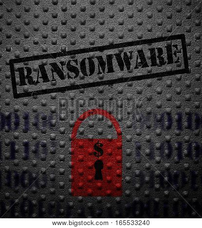 Ransomeware text with red lock on metal
