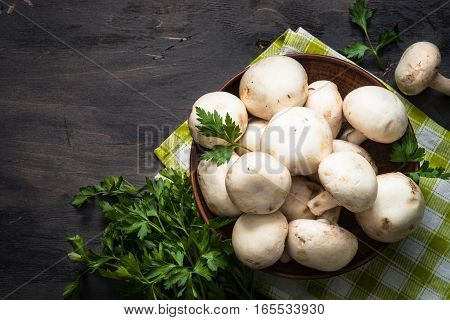 Mushrooms and ingredients for cooking. Top view food background.