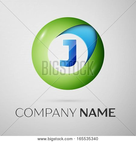 Letter J vector logo symbol in the colorful circle on grey background. Vector template for your design