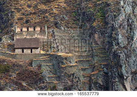 Pinkulluna Inca ruins in the sacred valley in the Peruvian Andes. Peru Ollantaytambo.