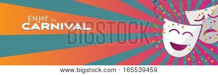 Banner enjoy Carnival masks with confetti and stars on grey background