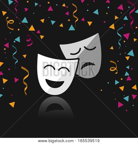 Masks with confetti and reflection on black background illustration