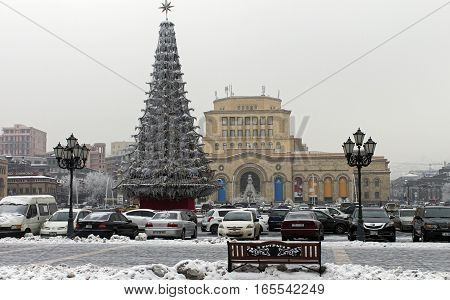 YEREVAN, ARMENIA - JANUARY 13, 2017: View on Central square of Yerevan the capital and largest of the city of Armenia, one of the oldest cities in the world