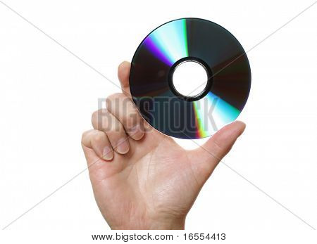 Hand halten eine Blu-Ray-Disk, DVD oder eine CD vor einem weißen Hintergrund
