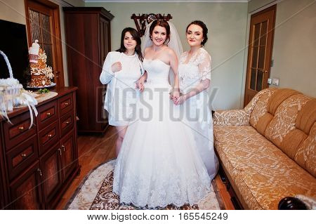 Elegance Brunette Bride With Bridesmaids Posed At Her Room On Wedding Morning Day.