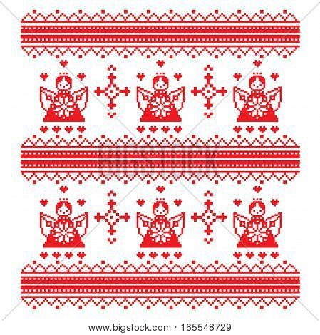 ethnic cross-stitch ornament angel and decorative ornaments in red and white Vector illustration. From collection of Balto-Slavic ornaments. style Valentine s Day. Angels and hearts.