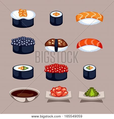 Sushi rolls icon food and japanese gourmet seafood. Traditional seaweed fresh raw food vector illustration. Asian cuisine restaurant wasabi delicious.