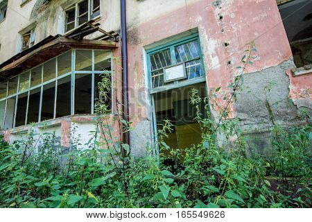 Abandoned house destroyed by war. Mining ghost-town Polyana, Abkhazia. Remnant of The Georgian-Abkhazian war