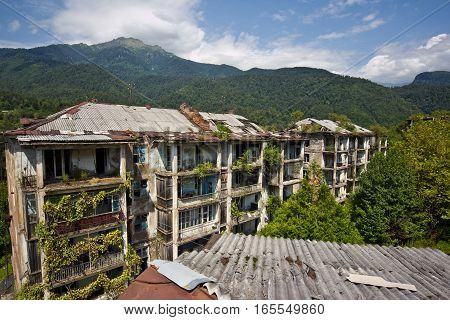 Abandoned mining ghost-town Polyana, Abkhazia. Destroyed empty houses, remnant of The Georgian-Abkhazian war