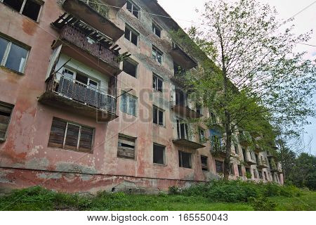 Abandoned mining ghost-town Polyana, Abkhazia. Destroyed empty houses, remnant of The Georgian-Abkhazian war