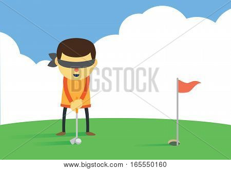 Man will putting a golf ball into hole with eye closed. Illustration about business target concept.