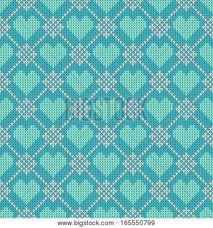 Seamless pattern on the theme of holiday Valentine's Day with an image of the Norwegian and fairisle patterns. turquoise hearts on a blue background. Wool knitted texture. Vector Illustration