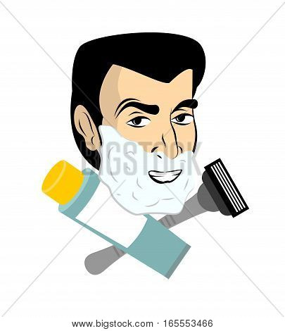 Man With Shaving Foam. Razor And Tube Shaving Gel. Guy Shaves. Barbershop Logo