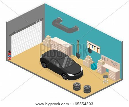 Isometric Flat 3D Vector Interior Working Place In Garage.