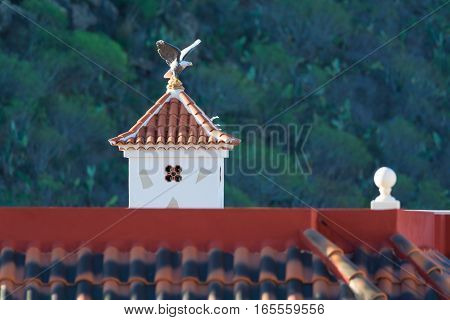 Decorative roof chimney and house roof on Tenerife Spain close up