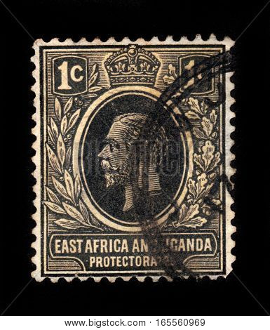 East Africa and Uganda protectorat- CIRCA 1912: A stamp printed in United Kingdom shows portrait king George v, circa 1912