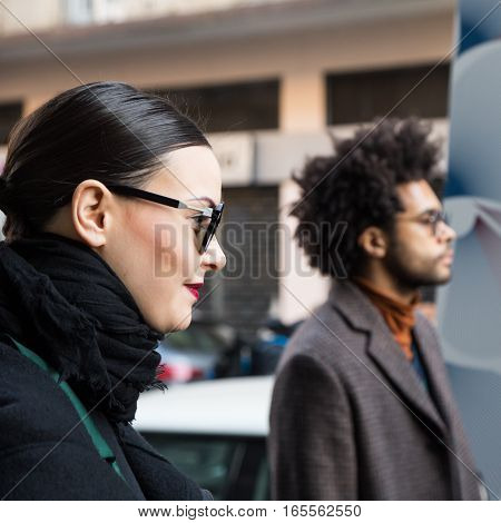 MILAN ITALY - JANUARY 15: Fashionable people gather outside Damir Doma fashion show building during Milan Men's Fashion Week on JANUARY 15 2017 in Milan.