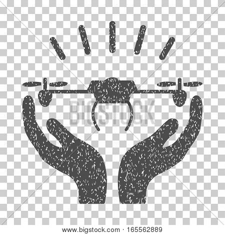 Drone Launch Hands grainy textured icon for overlay watermark stamps. Flat symbol with dust texture. Dotted vector gray ink rubber seal stamp with grunge design on a white background.