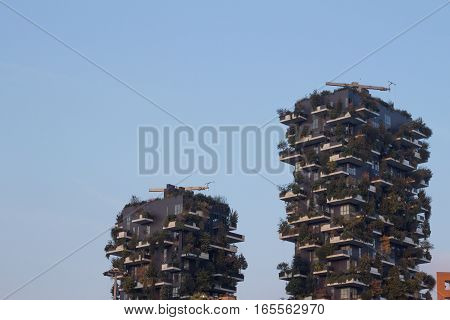MILAN ITALY - October 22 2016: Bosco Verticale (Vertical Forest) complex building designed by Stefano Boeri