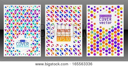 Geometric shapes brochure template layout. Triangle cover design annual report. Polygonal design flyer or booklet. Abstract hexagon magazine background. Vector Illustration esp10