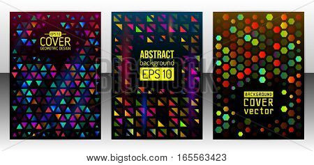 Geometric shapes brochure template layout. Triangle cover design annual report. Polygonal design flyer or booklet. Abstract hexagon magazine background. Vector Illustration esp10