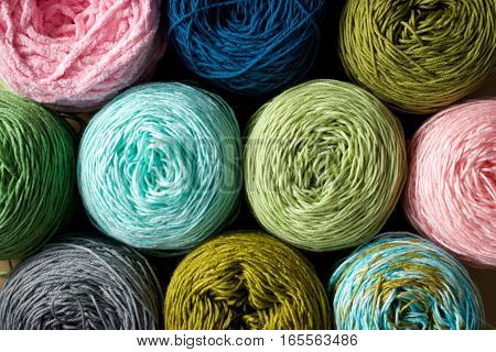 Greenery tone Balls wool cotton silk yarn set top view, Cotton, Crochet, Material, Silk, Greenery, Color of the year 2017