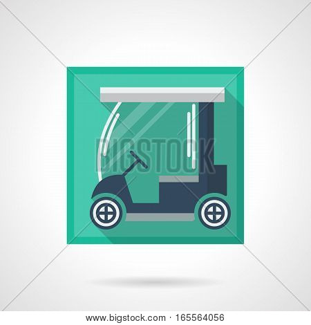 Golfing club elements and objects. Blue electric cart for transportation of sport equipment on a golf course. Stylish square flat design vector icon with long shadow.